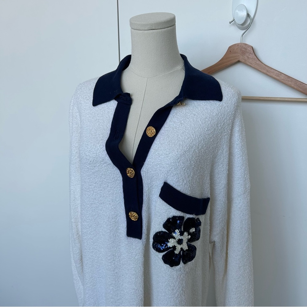 Vintage Escada White & Navy Terry Sequin Collar Button Up Long Sleeve Polo - Picture 6 of 16